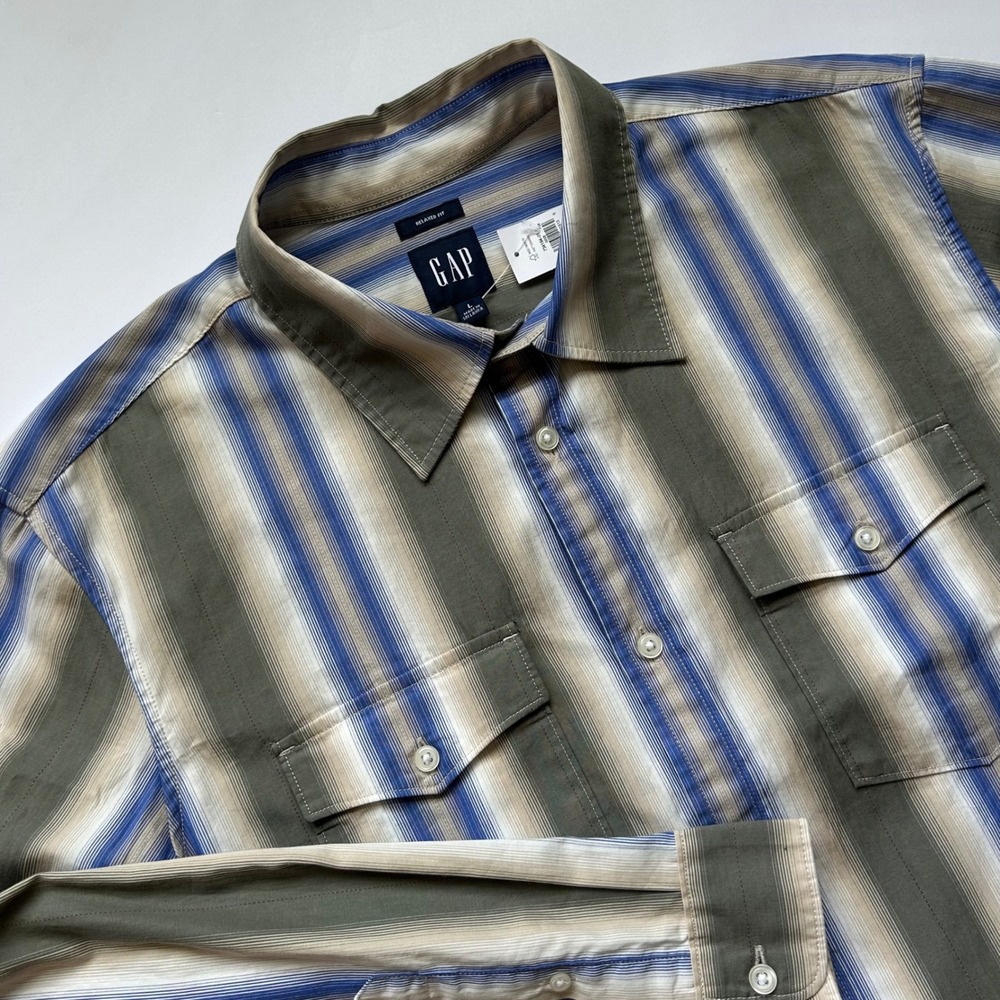 Gap Mens Relaxed Fit Stripe Button Down Shirt Olive Blue Cream Large Pockets NWT